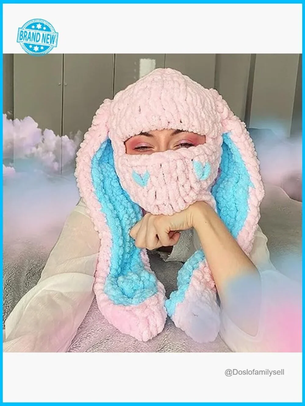 Y2K Knit Balaclava Bunny Ear Skull Beanie Slouchy Winter Warm Unisex Hat